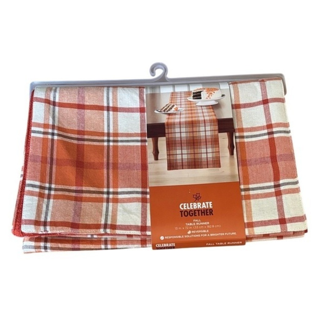 Celebrate Together Fabric Plaid Fall Table Runner Reversable 13in by 72in NEW